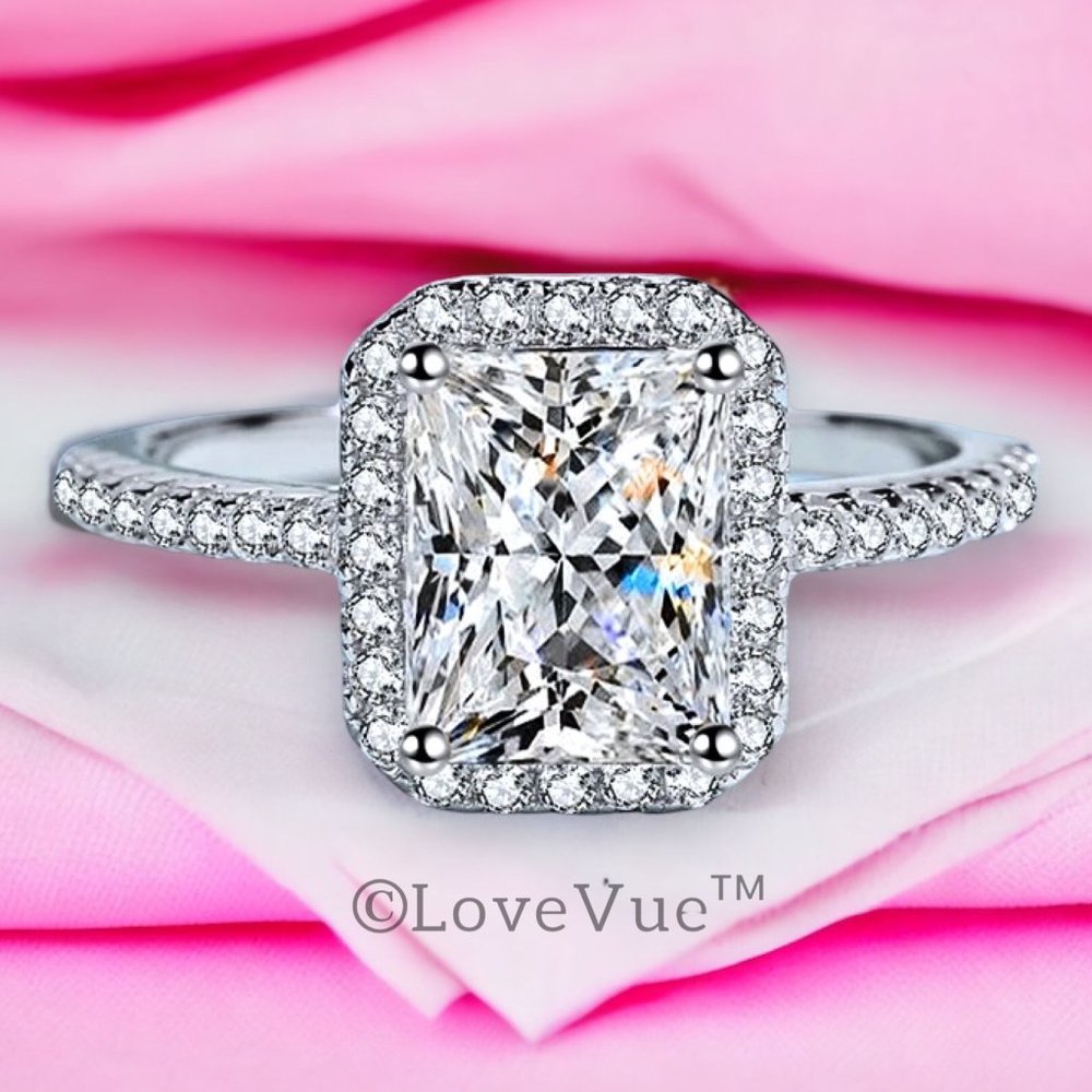 Certified 2ct. t.w. Diamond Radiant Cut Halo Engagement Wedding Ring - Picture 5 of 15